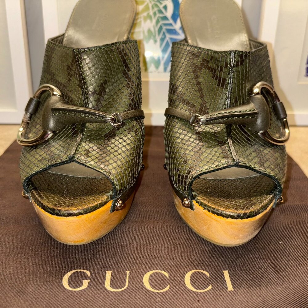 Gucci Mule Platforms in Python Snakeskin Green Leather